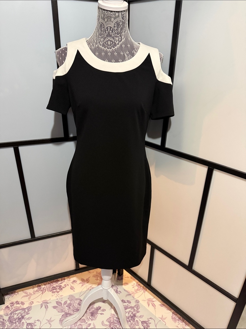 Tommy Hilfiger Black Mini Dress with White Cold-Shoulder Trim
